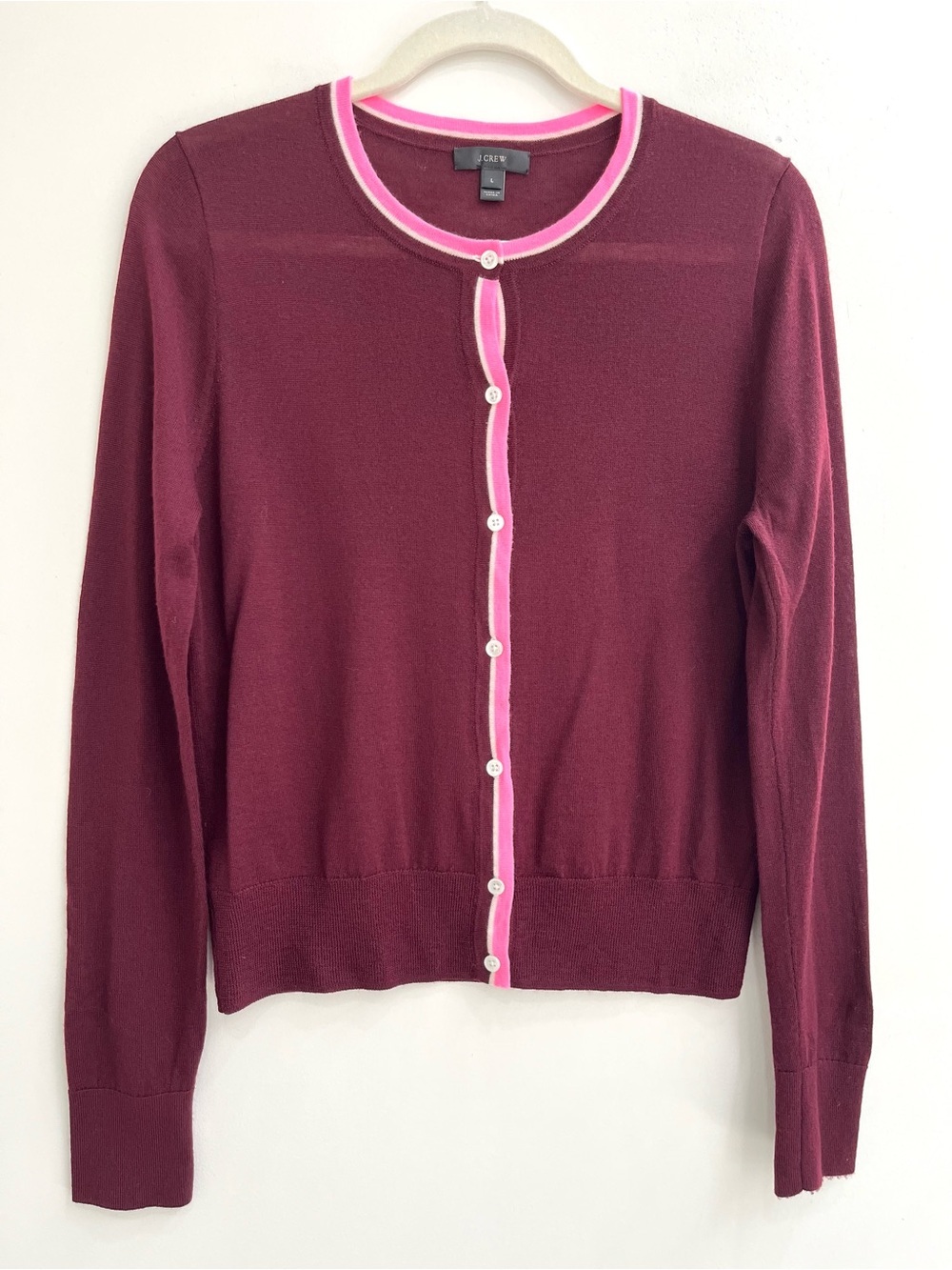 J. Crew Tipped Jackie Wool Cardigan Sweater Burgundy/Pink Large E8551